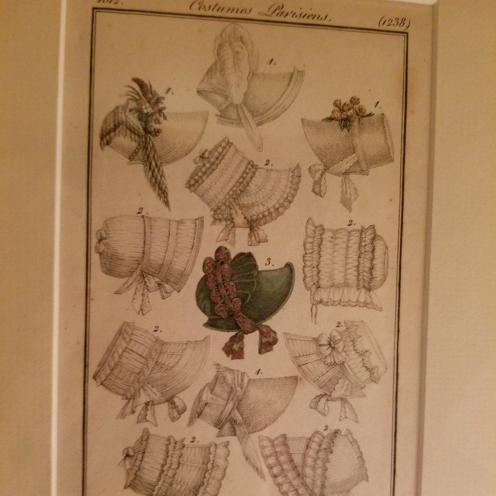Lithographs- Antique Hand Colered  Hats, Bonnets in Matted, Gold Wood Frame